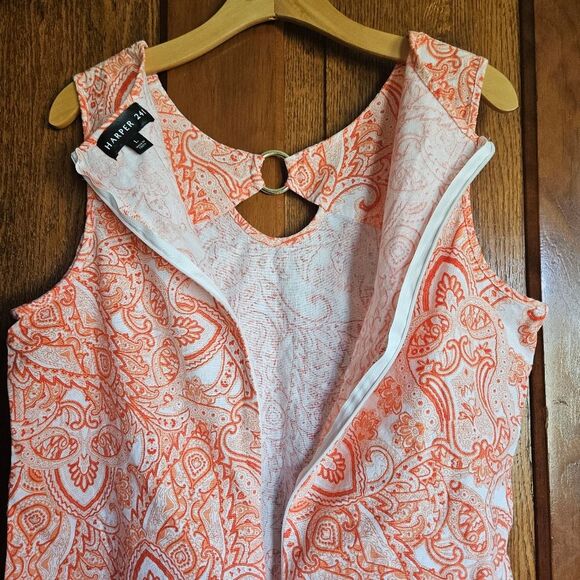 Harper 241 Sleeveless Linen Keyhole Tunic L | Orange & White Print Beach Top - Picture 3 of 6